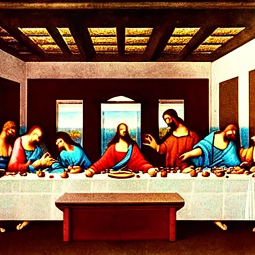 Image similar to an art-deco style poster of The Last Supper by Da Vinci