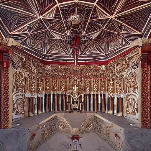 Prompt: futuristic god temple with gold, red and white marble panels, shafts of sunlight in the centre, in the desert, by h r giger, intricate contemporary architecture with art nouveau motifs, photo journalism, photography, cinematic, national geographic photoshoot