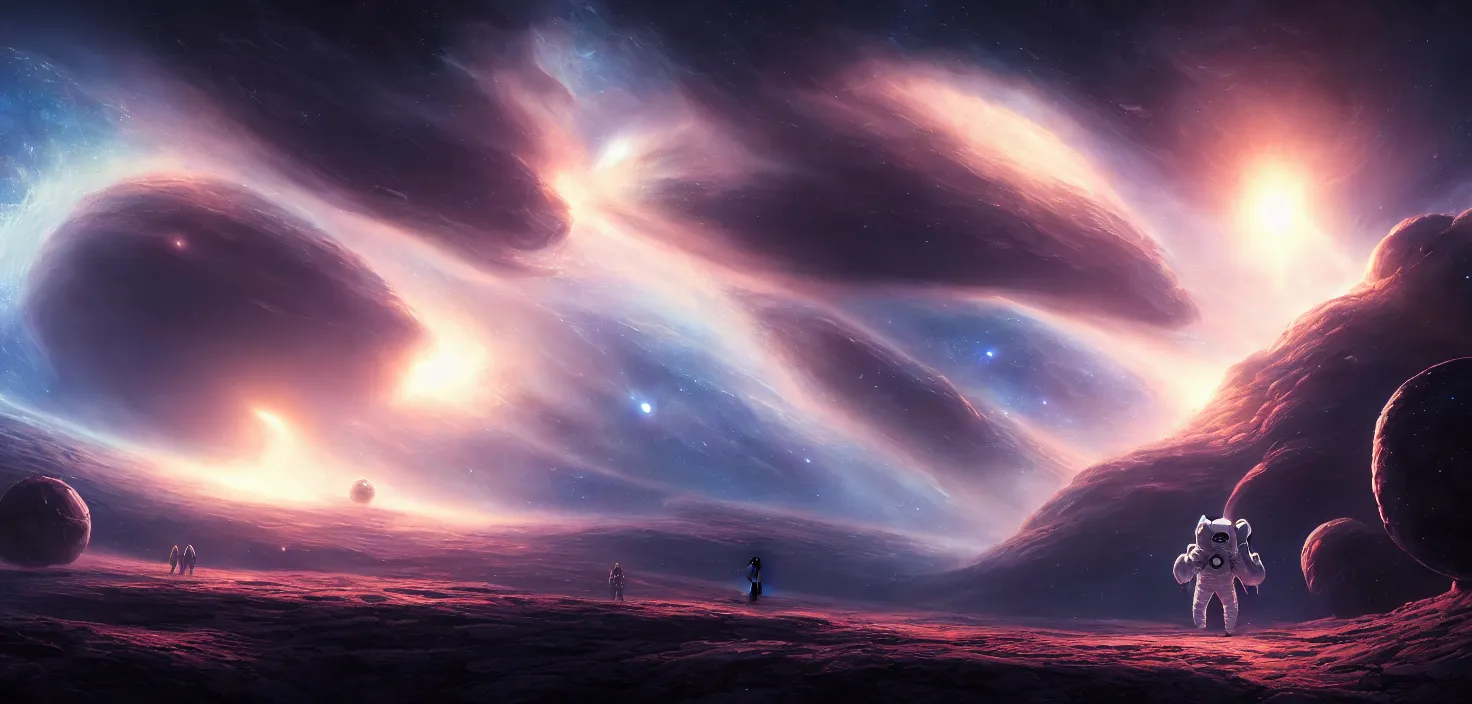 Image similar to astronaut cosmonaut discovery of new worlds of galaxies panorama, fantasy portal to far universe. astronaut space exploration, gateway to another universe, cinematic view, epic sky, detailed, concept art, low angle, high detail, warm lighting, volumetric, godrays, vivid, beautiful, trending on artstation, by jordan grimmer, huge scene, art greg rutkowski