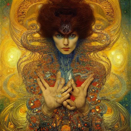 Image similar to Visions of Hell by Karol Bak, Jean Deville, Gustav Klimt, and Vincent Van Gogh, beautiful visionary mystical portrait, otherworldly, fractal structures, ornate gilded medieval icon, third eye, spirals