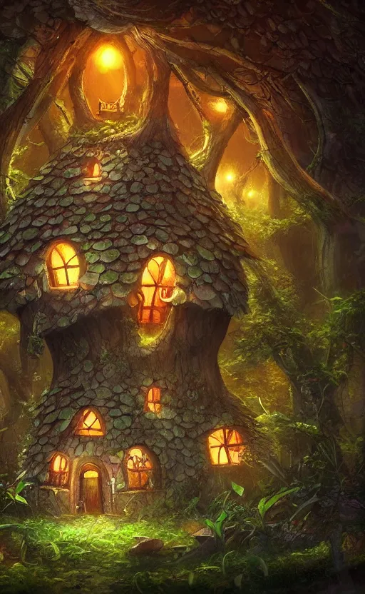 Image similar to a mushroom house in the middle of a forest at night, the lights are on, dynamic lighting, photorealistic fantasy concept art, trending on art station, stunning visuals, creative, cinematic, ultra detailed