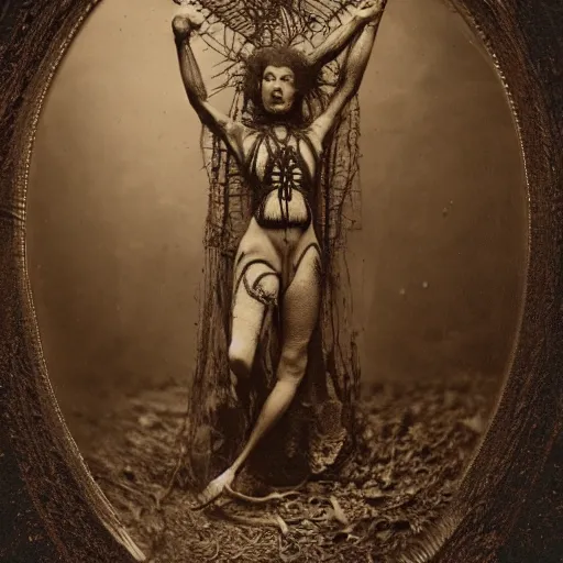 Image similar to 1860 photo of an old freak show spider-woman, on the middle of a forest, spooky , veins, arteries, intricate, golden ratio, full frame, elegant, highly detailed, ornate, ornament, sculpture, elegant , luxury, beautifully lit, ray trace, 3d, PBR