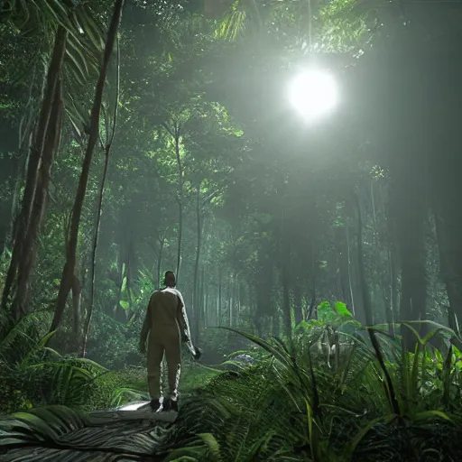 Image similar to a man wearing a hazmat suit, walking through a lush jungle, unreal engine 5, ray traced, god rays, extremely high detail