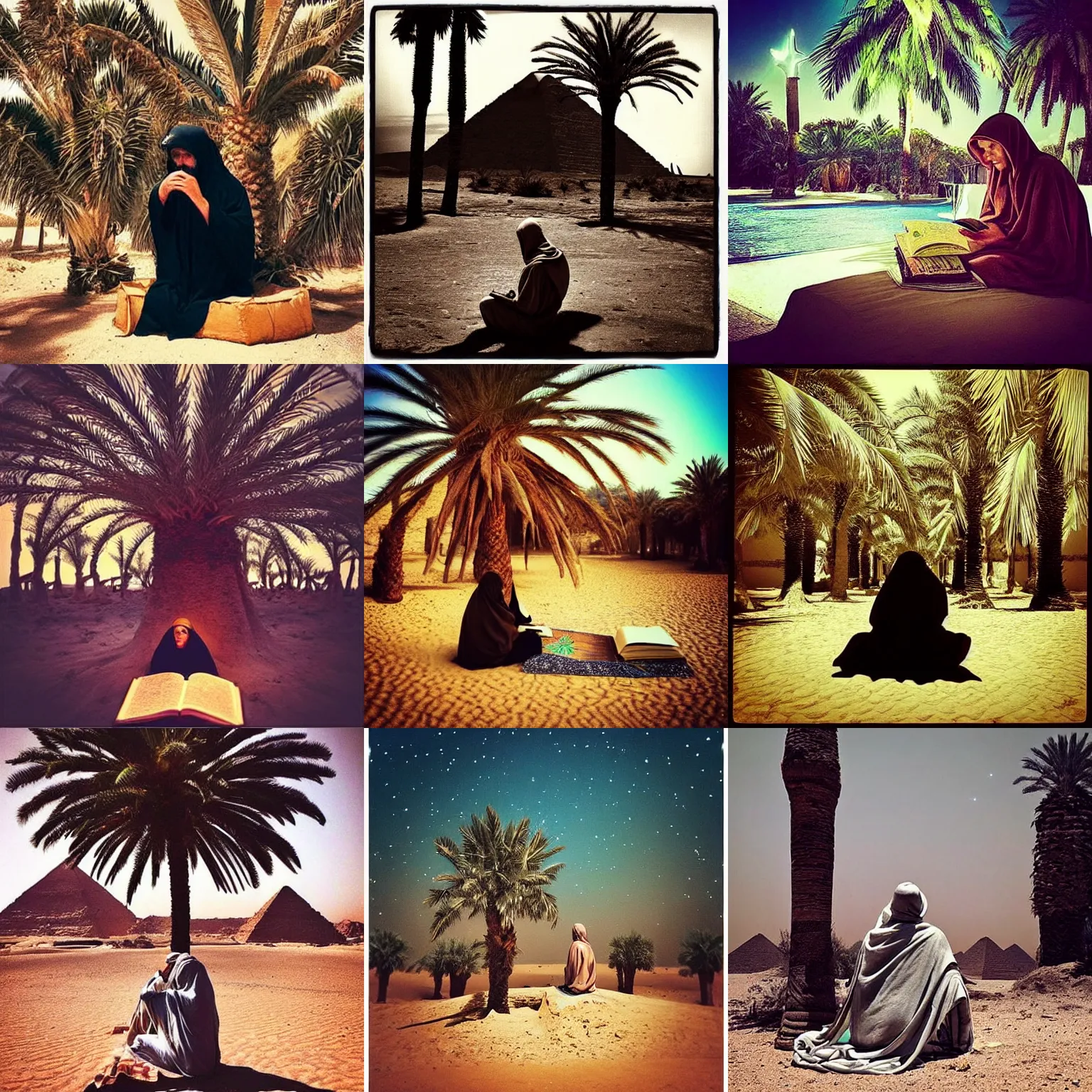 Prompt: “ a Druid sitting by an oasis reading ancient scrolls under a palm tree, brown hooded cloak, night, stars, Egyptian desert,”