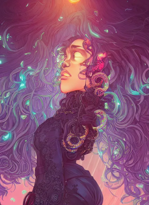 Prompt: beautiful black girl with long curly hair, cute, intricate, highly detailed, retrowave epic art, digital painting, trending on artstation, concept art, smooth, sharp focus, backlit, rim light, vivid colors, illustration, unreal engine 5, 8 k, art by rossdraws and alphonse mucha