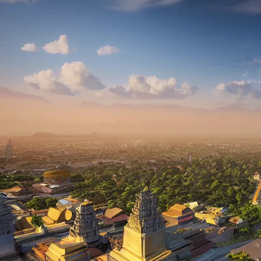 Image similar to hyper realistic 3 d rendering of the city of jogja via google earth rendered with the unreal engine, the image is refined with uhd, yellow light, blue sky, and aerial landscapes, and also the beauty is like the real world