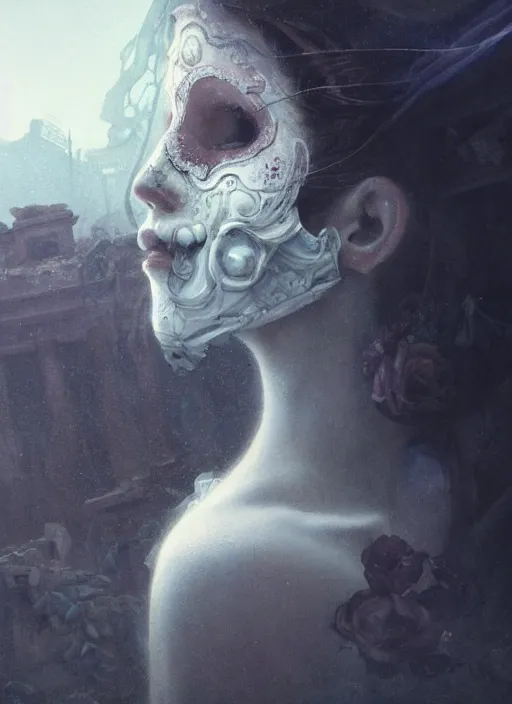 Image similar to close up of a veiled half scull mask girl on the ruins temple, looking at the camera curiously, smog on the floor, extremely beautiful and aesthetic and attractive detailed face and body, chiaroscuro, dynamic pose, fantasy illustrations, by makoto shinkai and jeremy lipking and ferdinand knab