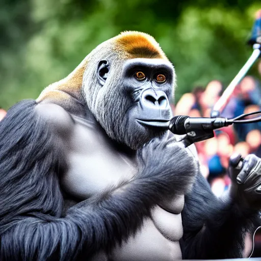 Image similar to a gorilla singing to a large crowd of people at an outdoor stadium concert. highly detailed. 8 5 mm f 1 1 canon eos