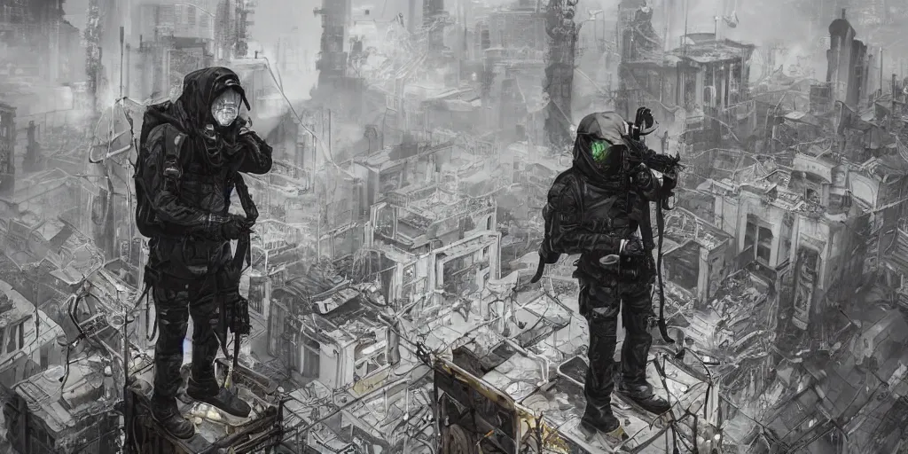 Image similar to cinematic shots of teenagers with tactical clothing and hoods hanging from wires on top of the capitol building covered with giant graffitis, dystopian future, industries in ruins, sci - fi, night lights, haze, concept art, intricate, in the style of katsuhiro otomo, akira, unreal engine