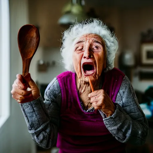 Image similar to elderly woman screaming at a wooden spoon, canon eos r 3, f / 1. 4, iso 2 0 0, 1 / 1 6 0 s, 8 k, raw, unedited, symmetrical balance, wide angle