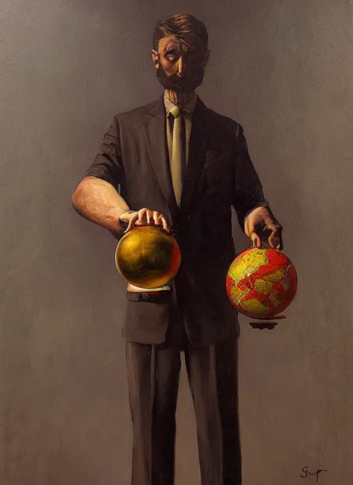 Image similar to a painting of a man holding a globe in his hands, a surrealist painting by Szymon Kot, deviantart, metaphysical painting, oil on canvas, surrealist, dystopian art,