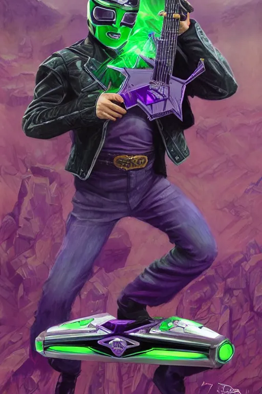 Prompt: portrait of johnny cash as purple green ranger from power rangers riding on guitar zord ufo hoverboard, intricate, highly detailed, smooth, artstation, digital illustration by Ruan Jia and Mandy Jurgens and Artgerm and Wayne Barlowe and Greg Rutkowski and Zdislav Beksinski