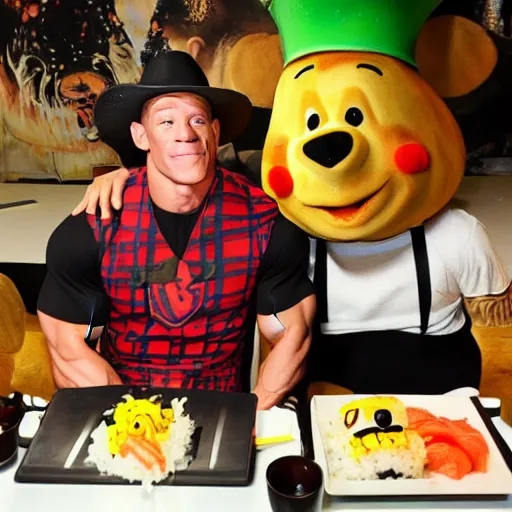 Prompt: John Cena wearing a sombrero eating sushi with Winnie the Poo