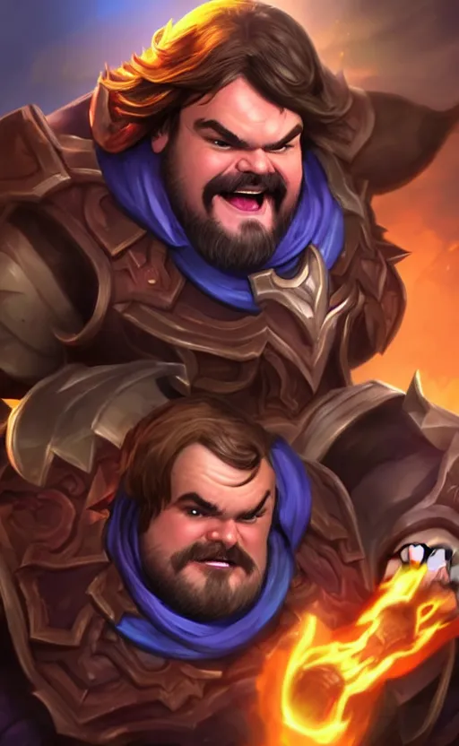 Image similar to Jack Black as a character in the game League of Legends, with a background based on the game League of Legends, detailed face, old 3d graphics