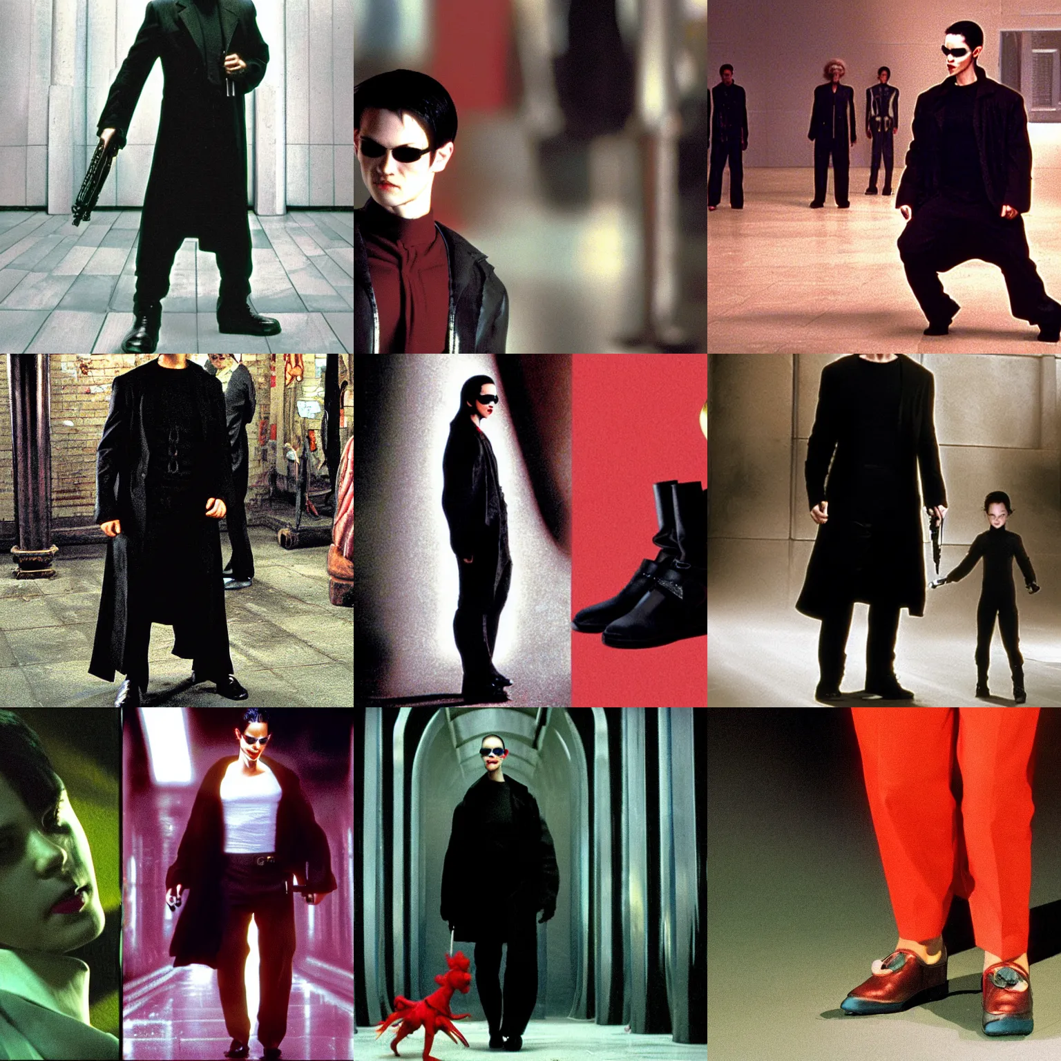 Prompt: neo from the matrix wearing clown shoes