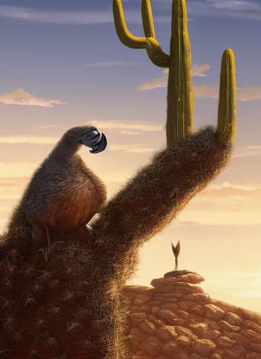 Image similar to A dodo bird perched atop a Saguaro cactus in the desert, digital art, trending on Artstation, high detail, sharp focus, illustration, art by artgerm and greg rutkowski.