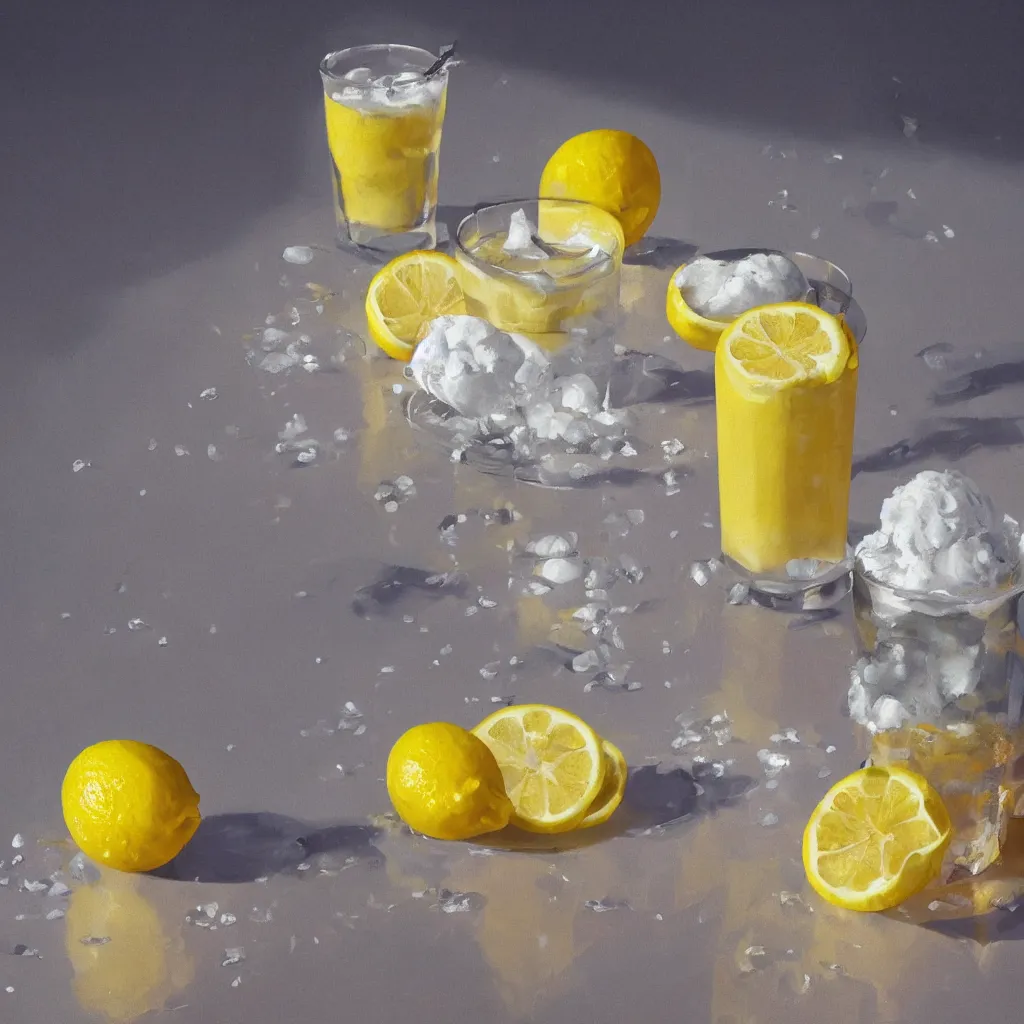 Prompt: a still life painting of cold drinks, ice cream, lemon embellishment, in the style of makoto shinkai, dreamy, soft, global illumination, radiant light, intricate environment, luminescence, highly detailed, 8 k