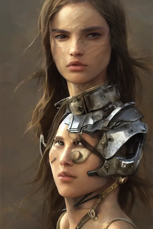 Image similar to a photorealistic painting of an attractive young girl, partially clothed in battle armor, olive skin, long dark hair, beautiful bone structure, symmetrical face, perfect eyes, intricate, elegant, digital painting, concept art, illustration, sharp focus, minimal artifacts, from Metal Gear, in the style of Ruan Jia and Mandy Jurgens, by Greg Rutkowski, trending on Artstation, award winning