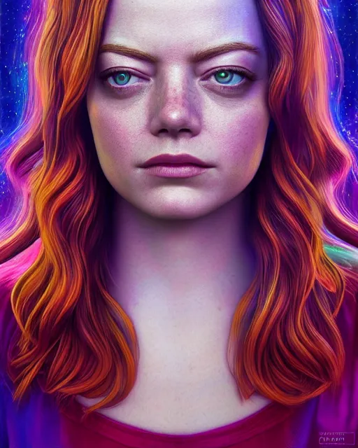 Prompt: portrait ultra dimensional emma stone, accidentally tripping on dmt and acid, psychedelic experience, overwhelming psychosis of self realization and burning awakening, ultra high definition, unreal engine 5, hyperrealism, masterpiece composition, by casey weldon, barclay shaw 8 k photorealistic