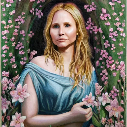 Prompt: female portrait, highly detailed,, oil painting, concept art, sharp focus, illustration, kristen bell, ancient greek goddess, background of flowers and tree branches