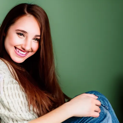 Image similar to a cute young woman smiling, long shiny bronze brown hair, full round face, green eyes, medium skin tone, light cute freckles, smiling softly, wearing casual clothing, relaxing on a modern couch, interior lighting, cozy living room background, medium shot, mid-shot, soft focus