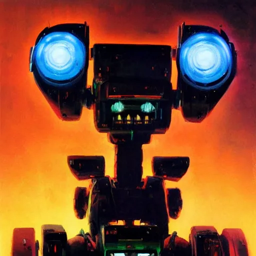 Image similar to a dark and colorful close - up of a sci - fi mecha dog robot with led lights glowing fog in the background. highly detailed science fiction painting by norman rockwell, frank frazetta, and syd mead. rich colors, high contrast, gloomy atmosphere, dark background. trending on artstation