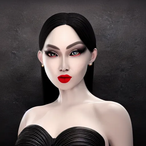 Image similar to complex 3 d render, ultra detailed, realistic photo of a beautiful porcelain skin woman, oval shape face, black long hair, wearing black dress, detailed almond eyes shape, red lipstick, plump lips, beautiful, studio photo, proportional, the grand sala thai on the background