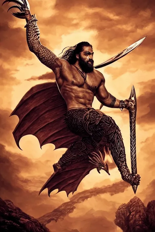 Image similar to powerful khal drogo ( jason momoa ) riding a flying dragon, intricate art deco dragon, elegant, highly detailed burning background, sword, sharp focus, game of thrones art by artgerm and beeple and greg rutkowski and wlop