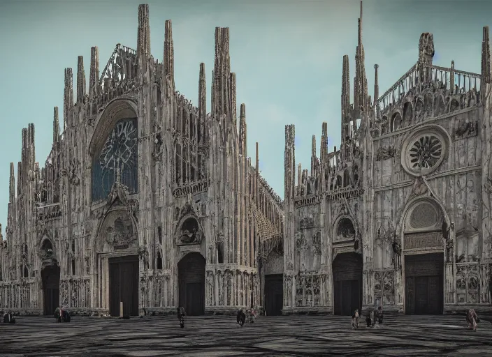 Image similar to duomo di milano post apocalyptic, vegetation, ultra realistic, insane details, cinematic, epic composition, unreal engine, octane render