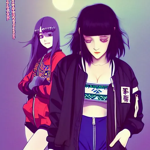 Image similar to a beautiful boyish kat dennings alluring gravure model, wearing oversized mayan bomber jacket and leotard with overalls, bulky poofy aztec native style bomber jacket with mayan patterns, gapmoe yandere grimdark, trending on pixiv fanbox, painted by greg rutkowski makoto shinkai takashi takeuchi studio ghibli, akihiko yoshida