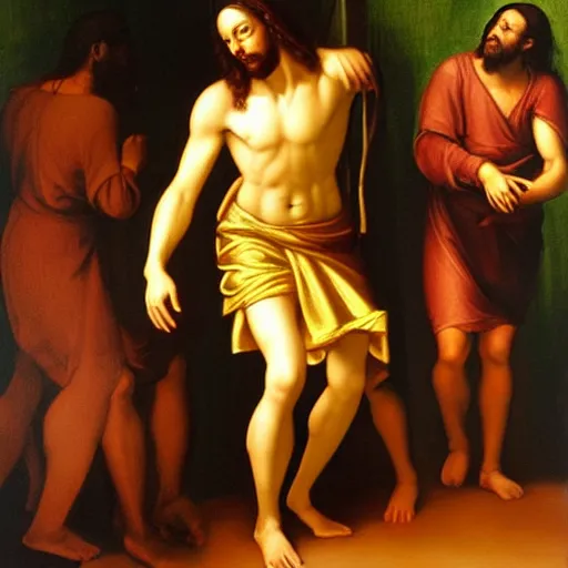 Image similar to jesus christ dancing to afrobeat music dj playing nigerian club party photorealistic ultra-realistic in the style of edward hooper and leonardo da vinci artstation hd oil painting Renaissance painting