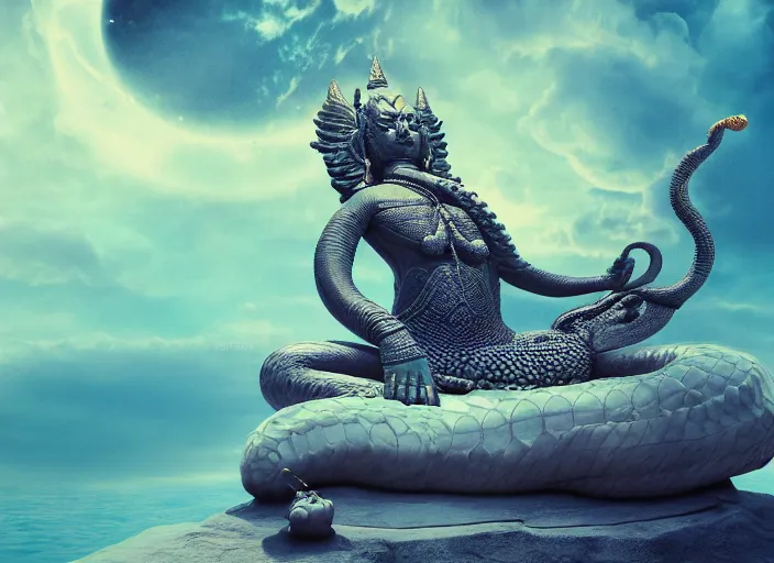 Image similar to vishnu sitting on adishesha, the thousand headed serpent, floating across the cosmic ocean, digital art, octane render