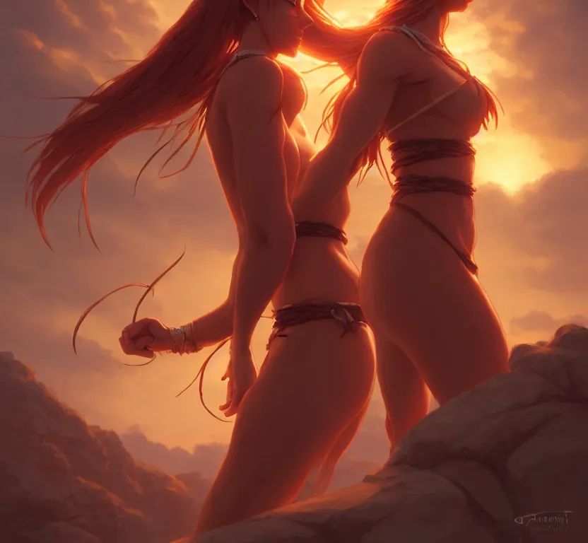 Image similar to long ginger hair, tanned woman in a prehistoric outfit, by artgerm, hair tied in a ponytail, soft lighting, night scene, by greg rutkowski makoto shinkai takashi takeuchi