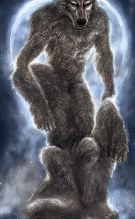 Prompt: Portrait of a rugged werewolf sitting down, male, muscular, space clothing!!!!!, highly detailed, cinematic lighting, digital art