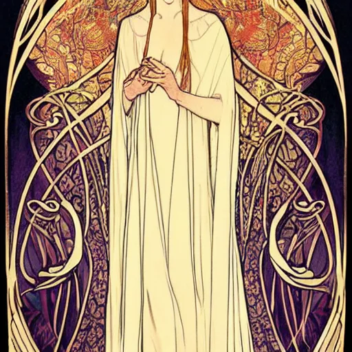 Image similar to cate blanchett as galadriel, mucha style, art nouveau,