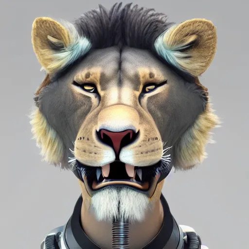 Prompt: dream very very beautiful furry art, bust profile picture of a robotic anthro lion, visor screen for face, snout under visor, commission on furaffinity, cgsociety, octane render