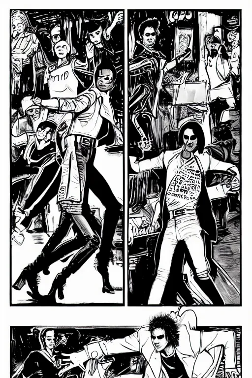 Prompt: michael jackson dancing, a page from cyberpunk 2 0 2 0, style of paolo parente, style of mike jackson, adam smasher, johnny silverhand, 1 9 9 0 s comic book style, white background, ink drawing, black and white