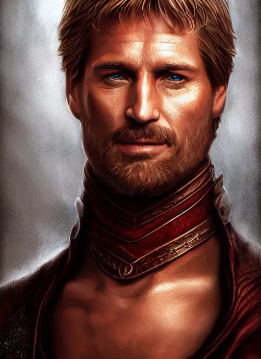 Prompt: jamie lannister by anne stokes and larry elmore, detailed matte painting, realistic portrait, symmetrical, highly detailed, digital painting, artstation, concept art, smooth, sharp focus, illustration, cinematic lighting, 8 k resolution