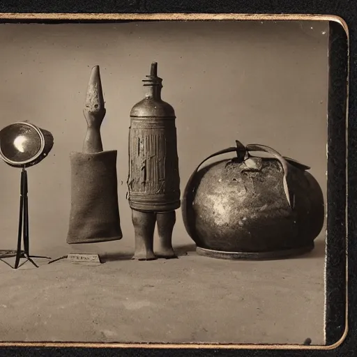 Prompt: Tintype photograph of primitive objects displayed in an ethnographic museum, archive material, anthropology, 1920s studio lighting.