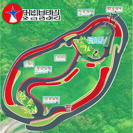 Image similar to North Korean forest hiking trail guide photo Mario kart Wii racetrack top down design.