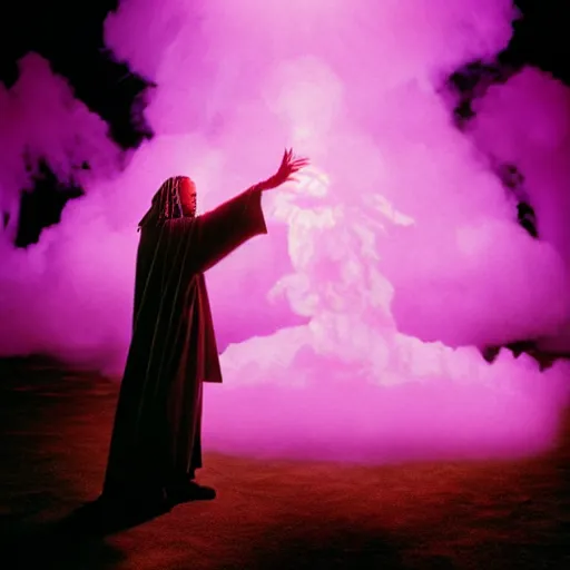 Prompt: snoop dogg as gandalf the white, exhaling a huge cloud of magical purple smoke in the synthwave shire, Japanese CGI, VFX, 2003, 40mm lens, shallow depth of field, film photography, volumetric lighting