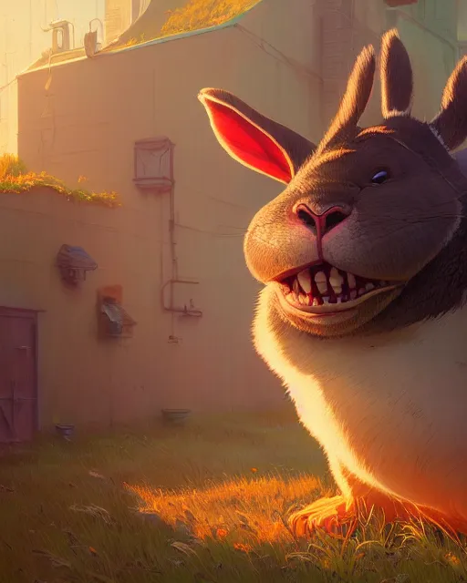 Image similar to highly detailed vfx portrait of a cute, happy big chungus, stephen bliss, unrealengine, greg rutkowski, loish, rhads, beeple, makoto shinkai and lois van baarle, ilya kuvshinov, rossdraws, tom bagshaw, global illumination, detailed and intricate environment