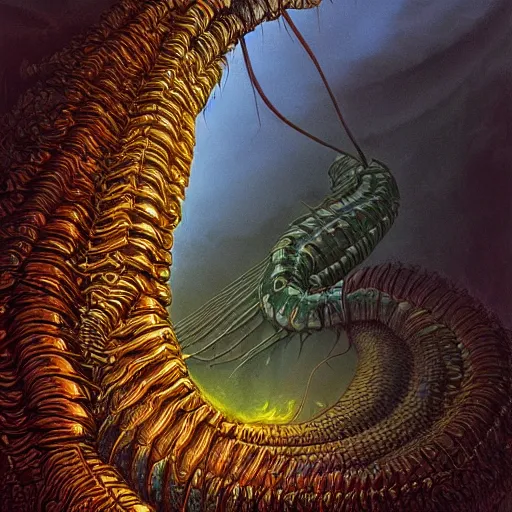 Prompt: photorealistic giant centipede is a train in the style of michael whelan and gustave dore. hyperdetailed photorealism, 1 0 8 megapixels, amazing depth, glowing rich colors, powerful imagery, psychedelic overtones, 3 d finalrender, 3 d shading, cinematic lighting, artstation concept art