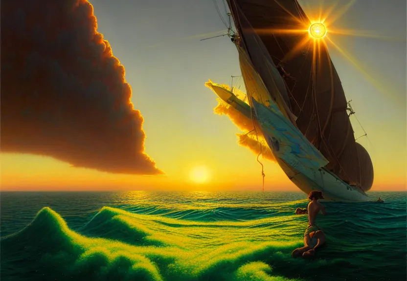 Prompt: the sun rising just above the horizon over the sea by josan gonzalez and tim hildebrandt and ted withers and gil elvgren and peter driben and greg rutkowski and roberto ferri, green water, highly detailed, hyperrealism, high contrast, intricate details, blended palette, trending on art station, stunning visuals, creative, cinematic