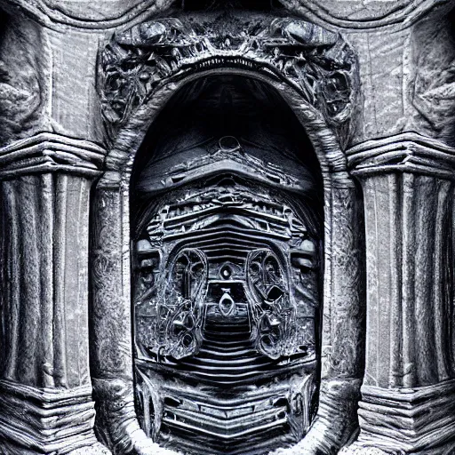 Image similar to open portal to another dimension, with white turbulent image of different time space, high detail, intricate, giger, photo realistic, 8 k