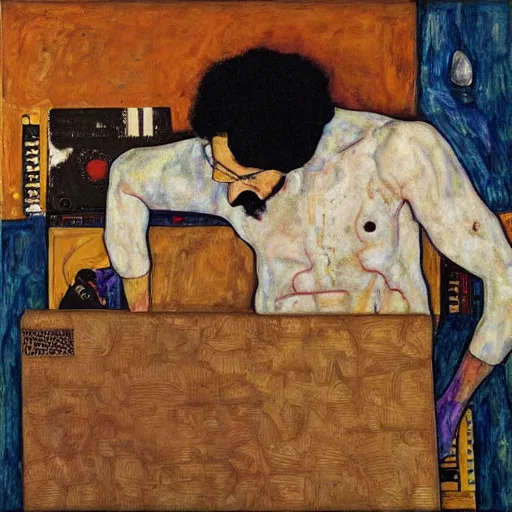 Image similar to Moodymann browsing a crate of records, oil on canvas, by Egon Schiele