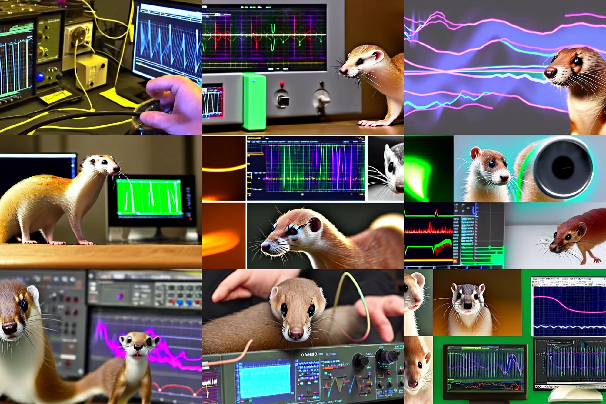 Prompt: an oscilloscope shaking a sound wave, wiggling a weasel, a stoat sinusoid spectacle caught on camera