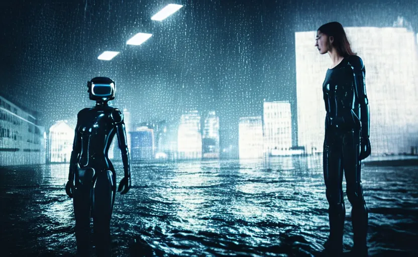 Image similar to cinestill 5 0 d candid photographic portrait by christopher nolan of two loving female androids wearing rugged black mesh techwear in treacherous waters, city, clear sky planets, helicopter, medium closeup, modern cyberpunk moody cinematic, pouring iridescent rain bright spotlight, 8 k, hd, high resolution, 3 5 mm, f / 3 2, ultra realistic faces, ex machina