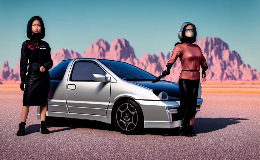 Image similar to photograph of a cell-shaded Honda EK9 Type-R with a techwear woman , on a desert road with a futuristic city in the horizon, one point perspective, 1-point perspective, tilt shift, sigma 85mm f/1.4, 4k, depth of field, high resolution, 4k, 8k, hd, full color