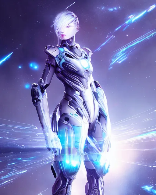 Image similar to photo of a android girl on a mothership, warframe armor, beautiful face, scifi, nebula reflections, futuristic background, dreamy, focused, sparks of light, long white hair, blue cyborg eyes, glowing, 8 k high definition, insanely detailed, intricate, innocent, art by akihiko yoshida, antilous chao, li zixin, woo kim